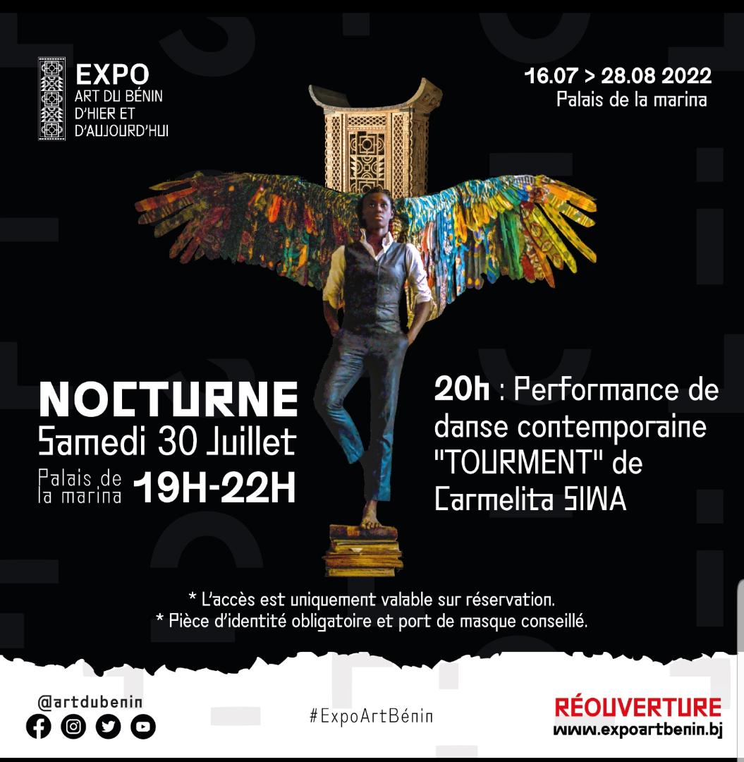 gouvbenin's tweet photo. 🚨 Ce Samedi 30 juillet 2022, venez vivre la magie nocturne de la Saison 2 de l'expo @artdubenin de 19H 00 à 22H 00 à @PresidenceBenin avec une performance de danse contemporaine: «TOURMENT» de Carmelita SIWA. 

🌐 Faites votre réservation: https://t.co/f1vIPLFgLv

#ExpoArtBenin https://t.co/qeLTqz5ehY