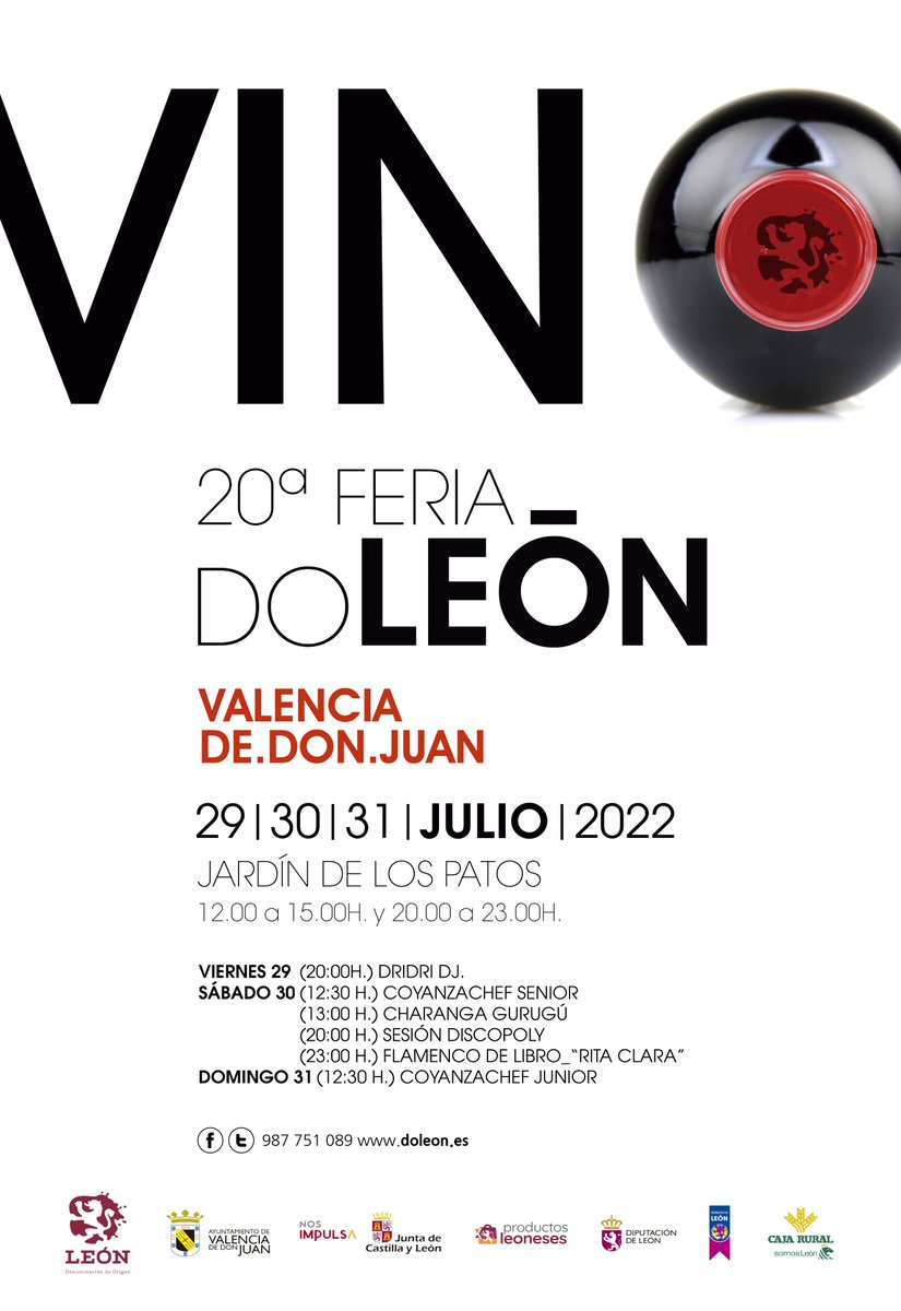 Del 29 al 31 de julio en el Jardín de los Patos de Valencia de Don Juan, 20ª Edición de la Feria del Vino de la Denominación de Origen León.

#HazLeón #PrietoPicudo #Alvarín #winelovers #leonesp