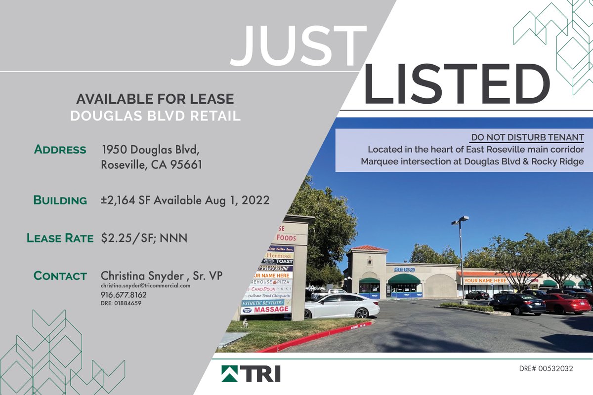 TRIcommercial's tweet photo. Available August 1, 2022: 1950 Douglas Blvd, Suite B-5, Roseville, CA 95661 
±2,164 SF Retail Space Located in the heart of East Roseville's main corridor, with excellent Traffic Counts and Demographics.  

DO NOT DISTURB TENANT https://t.co/tTP6fQEiRP