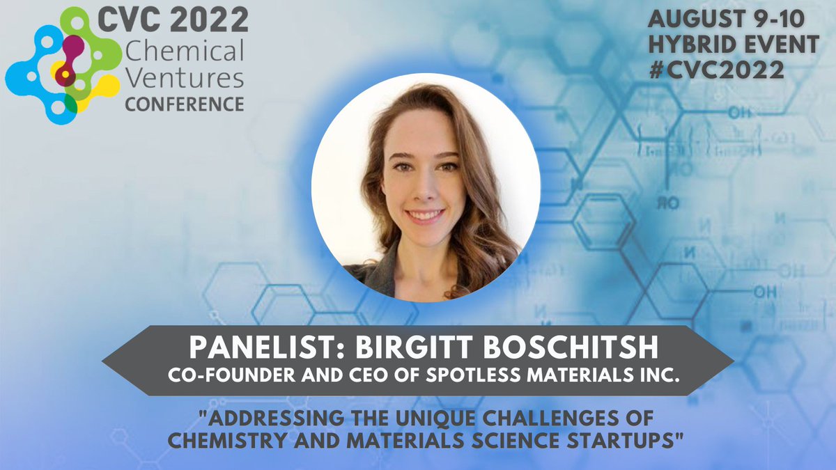 DE_Innovates's tweet photo. We are delighted to have Dr. Birgitt Boschitsh, Co-founder and CEO of spotLESS Materials Inc., as one of our panelists at the 2022 Chemical Ventures Conference taking place here at The Innovation Space on August 9th and 10th.

Register now  at: https://t.co/exd3M2gkEm 

#CVC2022 https://t.co/wIza9M5SaK