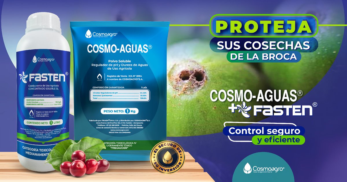 ¡PROTEJA SUS COSECHAS DE LA BROCA!
Con COSMO-AGUAS 💧 y FASTEN 💦  tendrás un control seguro y eficiente de tu cultivo.
Para más información ingresa aquí: hubs.li/Q01hvFhS0
#CosmoAguas #Fasten #CalidadDeAguas #Broca #Cafe #TodoLoAgroBienHecho