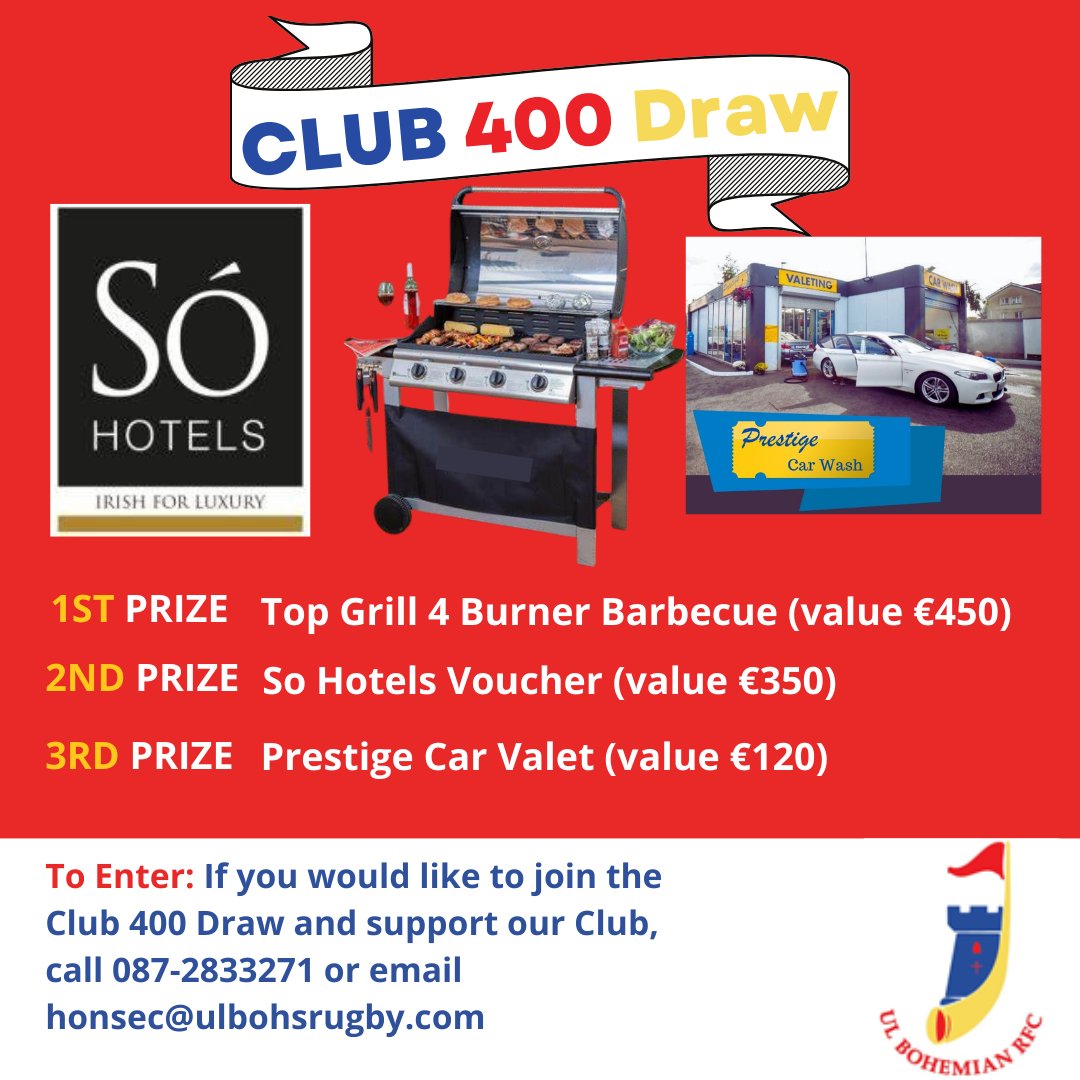 These fabulous prizes are up for grabs in our upcoming Club 400 Draw! Enter now & support UL Bohs by calling 087-2833271 or email honsec@ulbohsrugby.com.
Winners announced this Friday 29th!
 
#ULBohs #Bohemians #ULBohsRFC #ULBohemians #UL #Rugby #RugbyClub #UniversityOfLimerick