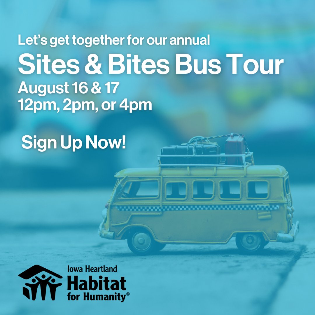 IA Heartland Habitat (@iaheartlandhfh) on Twitter photo August 16 & 17: 12pm, 2pm, or 4pm.
Pickup location: Home Depot Parking Lot, 1050 Southtown Dr., Waterloo, IA 50702
Duration: 75 minutes (Light snacks provided)
Sign up today! bit.ly/3yLS7Vk August 16 & 17: 12pm, 2pm, or 4pm.
Pickup location: Home Depot Parking Lot, 1050 Southtown Dr., Waterloo, IA 50702
Duration: 75 minutes (Light snacks provided)
Sign up today! bit.ly/3yLS7Vk