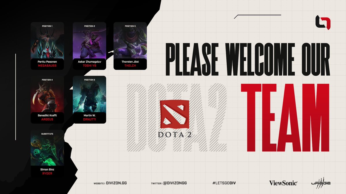 Our Dota 2 Team for the upcoming #ESLMeisterschaft by <a href="/ESLGermany/">ESL Germany</a>! 🔥🙌

🇫🇮 <a href="/Megabausss/">Megabauss</a> - 1⃣
🇰🇿 Toshi YB - 2⃣
🇩🇪 <a href="/thelchd2/">thelch</a> - 3⃣
🇩🇪 <a href="/ArgeusDota/">Argeus</a> - 4⃣
🇦🇹 <a href="/DrNutti/">DrNutti</a> (C) - 5⃣
🇩🇪 <a href="/RyderDota/">Ryder</a> - Substitute

Learn more about our new roster here: bit.ly/3ON5VoJ

#LETSGODIV