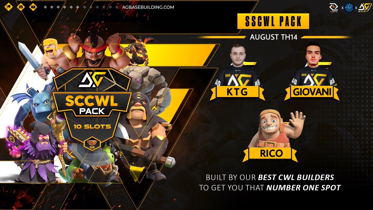 SCCWL Pack - August

Get these majestic bases to rock in August’s CWL and achieve that no.1 spot on leaderboard!!

agbasebuilding.com/products/sccwl…