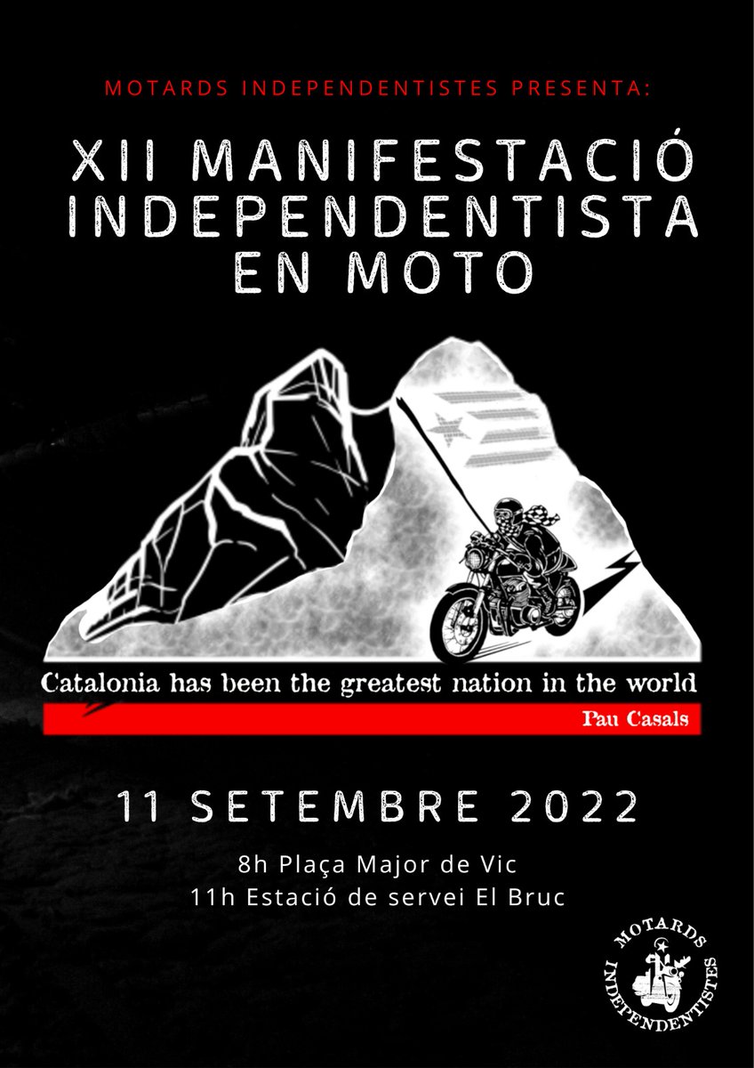 MOTARDS11S's tweet photo. El Proper #11S2022 arriba la XII Manifestació Independentista en Moto.
 
Un any més tornarem a omplir la Plaça Major de Vic i anirem fins a Barcelona per reclamar la República Catalana!!

Salut, Gas i República ✊👊✊! https://t.co/eRpmpB264Q