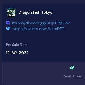 NftVisor's tweet photo. Dragon Fish Tokyo @LetsDFT 

See growth statistics at

https://t.co/CbrJUfYeMf

#nftvisor
#nfts #upcomingnfts https://t.co/tQPO9mr2Y5