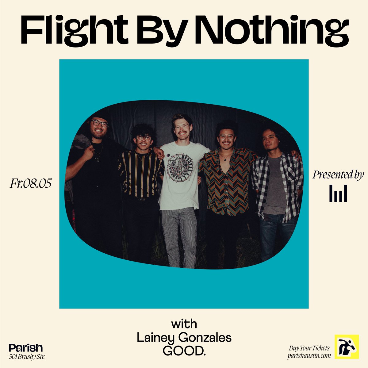 ParishATX's tweet photo. Get ready y’all 🎶
@ThirdStringEnt  is bringing the electrifying indie-rock band @FlightByNothing  to Parish on Aug. 5th with special guests Lainey Gonzales &amp; @TheBandGood! Come hang and enjoy a night of lush funky sounds ❤️💙💚 
Tickets available now in the bio! https://t.co/iRSyUVCZmj