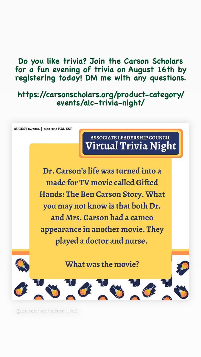 From the comfort of your own home, support college scholarships for high achieving students in grades 4-11 by joining the Carson Scholars for a fun evening of trivia on August 16th from 8-9:30 pm. Learn more and register today at carsonscholars.org/product-catego… 

<a href="/carsonscholars/">Carson Scholars Fund</a>