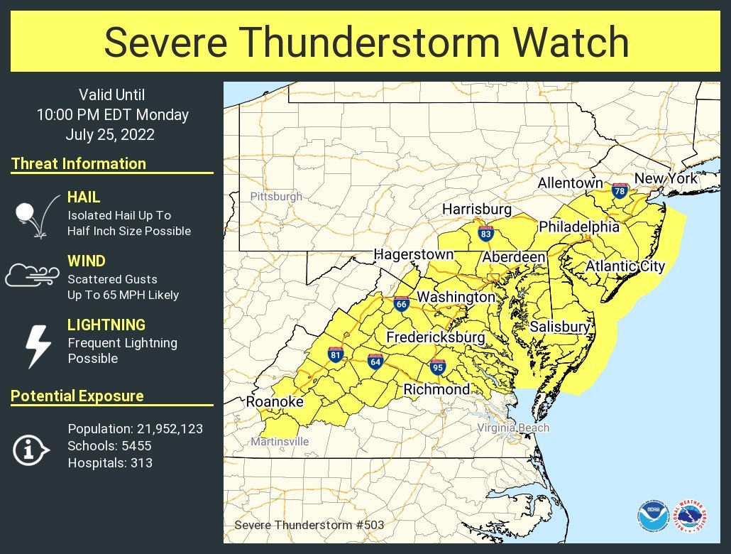 capitalweather's tweet photo. JUST IN: Severe thunderstorm watch for DC and Baltimore area (also Roanoke, Richmond and Philly) until 10p. Follow this link for the latest: https://t.co/AT8KSBYMAN https://t.co/We9IeVpbdZ