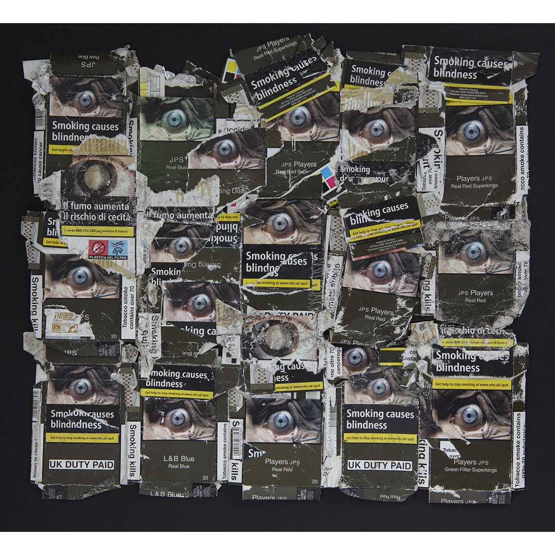 rogercoulam's tweet photo. Cigarette boxes 2022. Unique collage on paper and board. From my Foul Nest series #collage #collageart #trashart https://t.co/tC7HB4c6SG