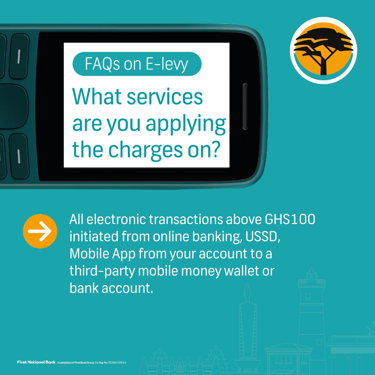 firstnatbankgh's tweet photo. Did you know e-levy charges are only applied to transactions above GHS100?

This includes transactions made via Online Banking, USSD and Mobile App.

#ElevyFacts
#TheChangeables https://t.co/R6HNGUACpF