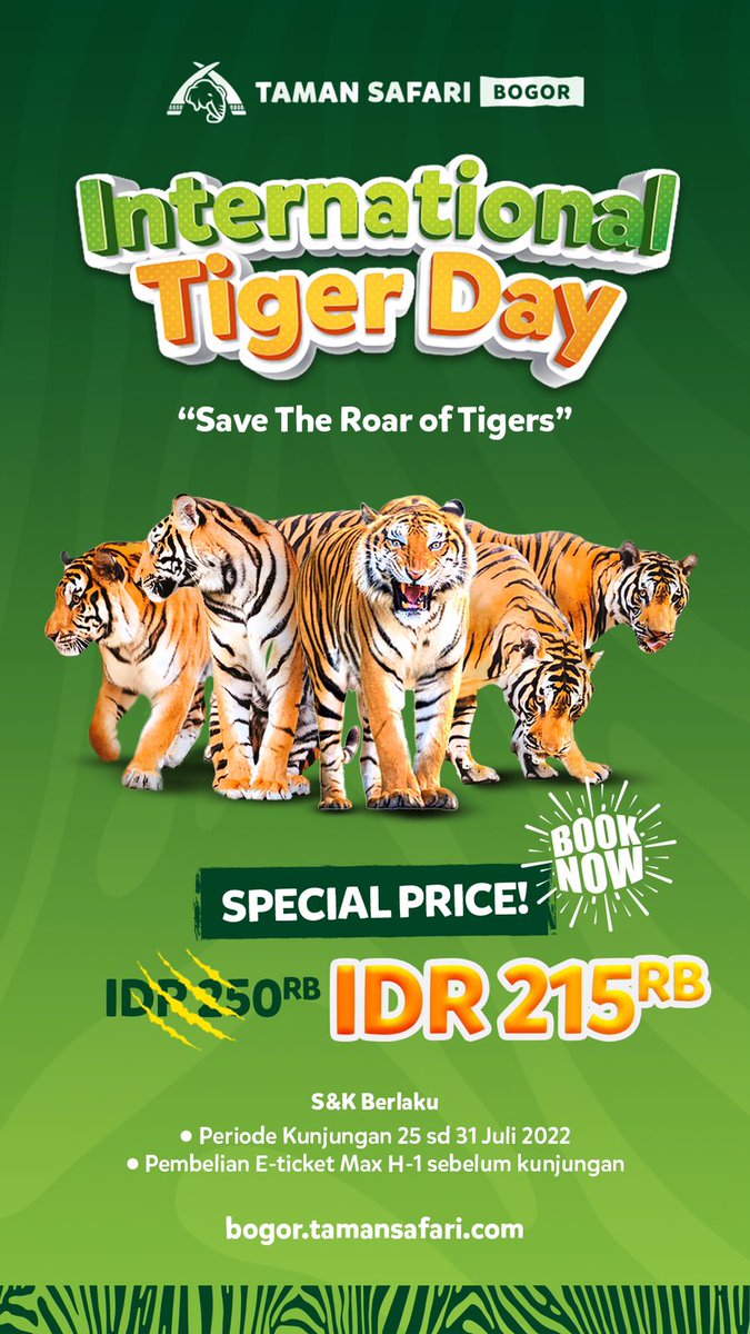 📣📣Memperingati World Tiger Day 
Tiket Taman Safari ONLY 215K ‼️
(Promo berlaku 25 - 31 Juli 2022 &amp; pembelian maximal H-1 sebelum kunjungan) 

🐯 SPECIAL EVENT at Baby Zoo 
✅tiger rescue gallery ✅tiger sign support ✅mewarnai ✅tiger bread &amp; many more 🤗 
 #worldtigerday2022