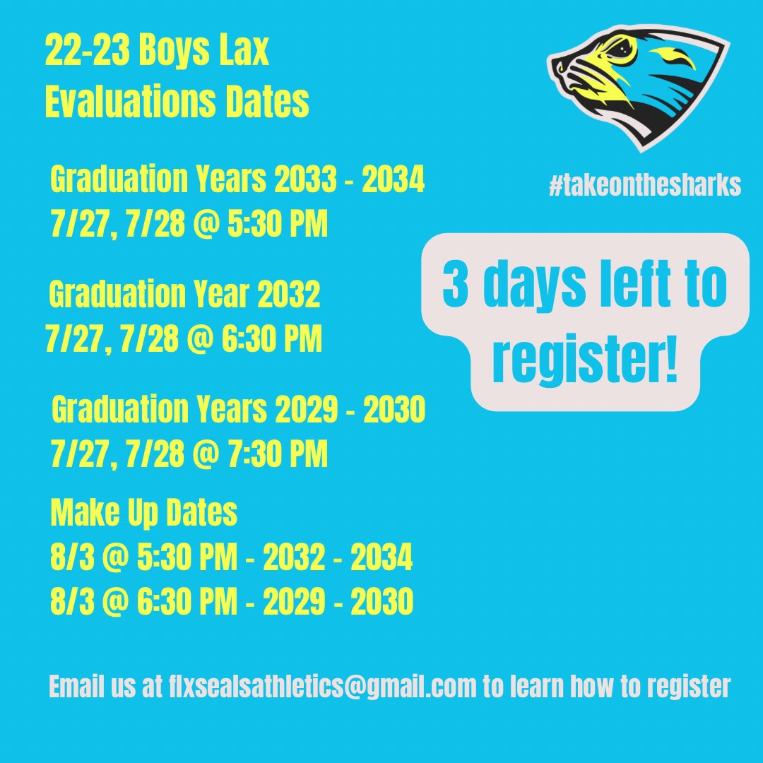 3 days left to register for our 22-23 season evaluations! Don’t miss your chance to join us and #takeonthesharks