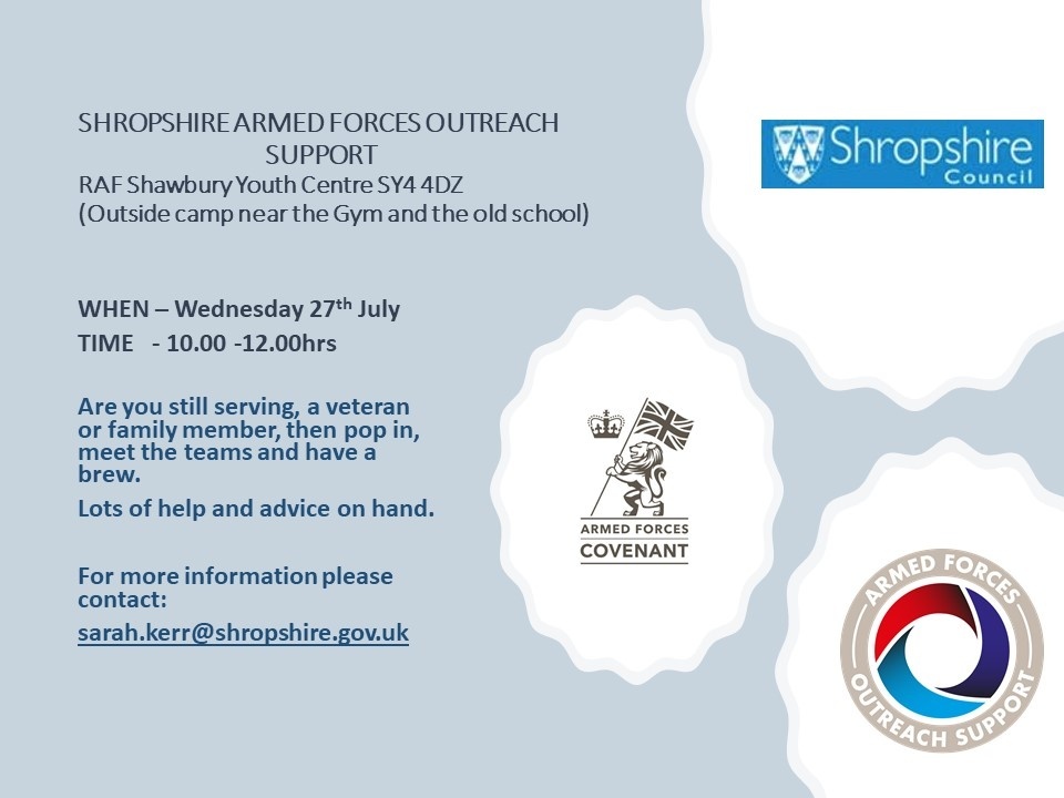 ShropCovenant's tweet image. Join us for our monthly meet up at the Youth Centre RAF Shawbury on Wednesday 27th, 10.00 - 12.00hrs
Hope you can join us, open to anyone with a military connection.
@RAFShawburyHIVE 
@RAFShawbury 
@shropshirecouncil