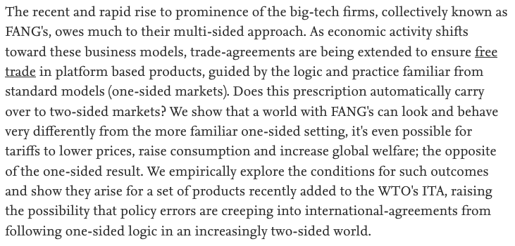 Journal of International Economics (@jintlecon) on Twitter photo New: "Trade Policy with FANG’s (aka Trade Policy and Multi-Sided Platforms)" by Phillip McCalman <a href="/cal_mcphilman/">Phil McCalman</a>. The logic of standard (one-sided-market) models need not apply to two-sided markets. Tariffs might raise global welfare. doi.org/10.1016/j.jint… 1/4 New: "Trade Policy with FANG’s (aka Trade Policy and Multi-Sided Platforms)" by Phillip McCalman <a href="/cal_mcphilman/">Phil McCalman</a>. The logic of standard (one-sided-market) models need not apply to two-sided markets. Tariffs might raise global welfare. doi.org/10.1016/j.jint… 1/4