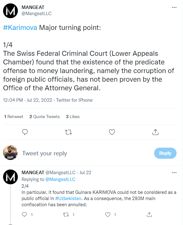 b_nishanov's tweet photo. Stunning: a Swiss court said the former Uzbek president's daughter Gulnara Karimova was not a government official and therefore her assets can't be confiscated. The fact is, she had powers beyond any government official. This is a massive failure by the Swiss justice system. https://t.co/1pyCY7X0Tl