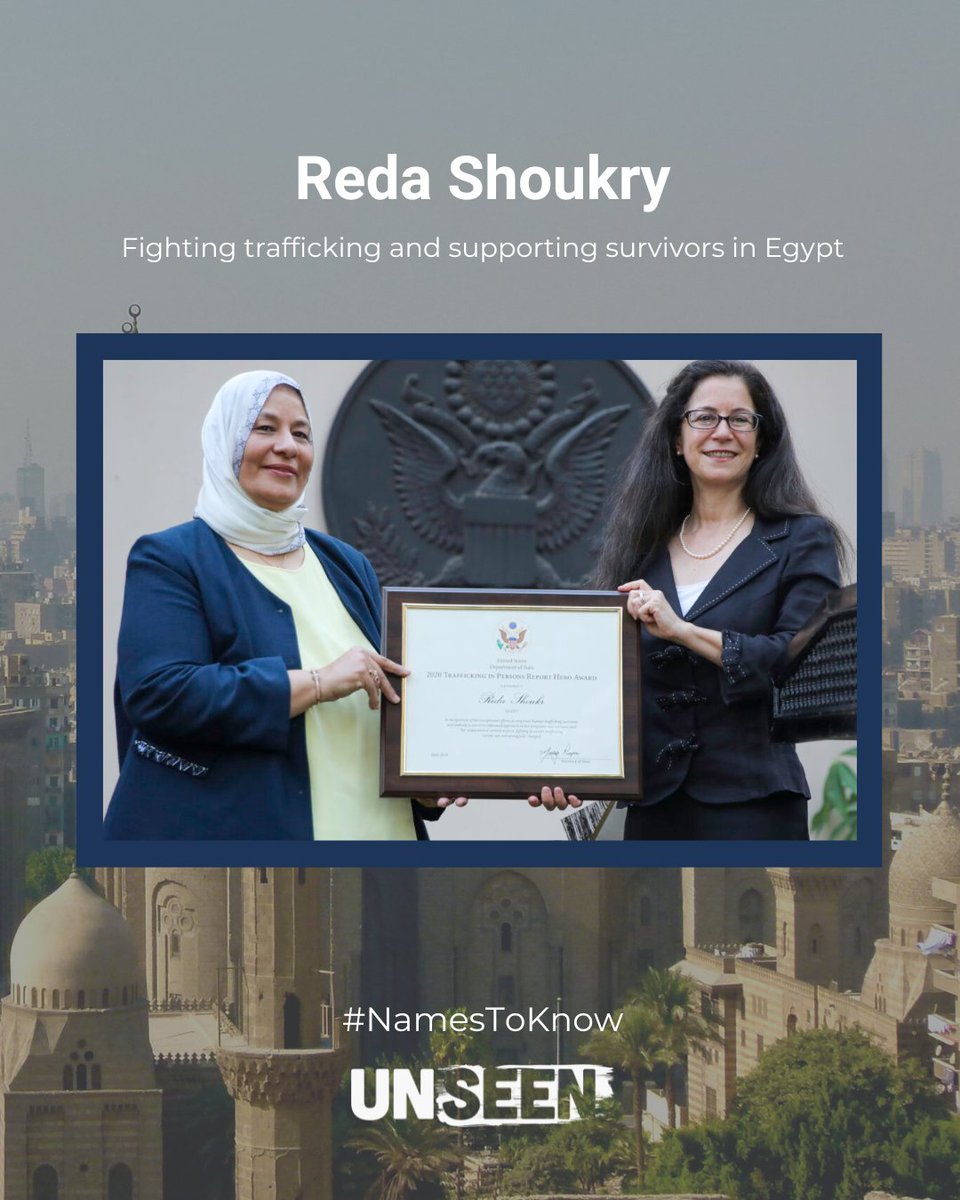_weareunseen's tweet image. #NamesToKnow: Reda Shoukry, director of the Al-Shehab Institute for Promotion and Comprehensive Development in Cairo, Egypt. 🇪🇬

Since founding Al-Shehab in 2002, Shoukry has helped over 15K women &amp;amp; girls avoid or recover from #trafficking.

Read: eg.usembassy.gov/u-s-embassy-pr…
