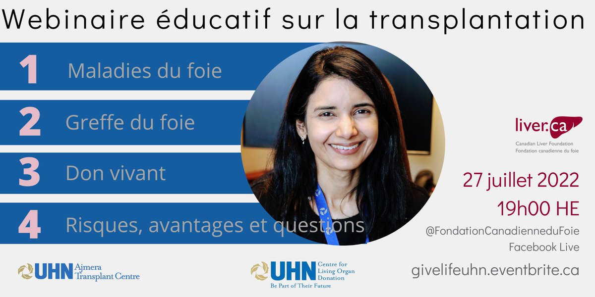** Partagez s'il vous plait ** Ce webinaire éducatif fournira un aperçu sur les maladies du foie, quand une greffe est-elle nécessaire, le don de foie vivant, et une période de questions et réponses.  Inscrivez-vous ici: ow.ly/lia750K3tN0