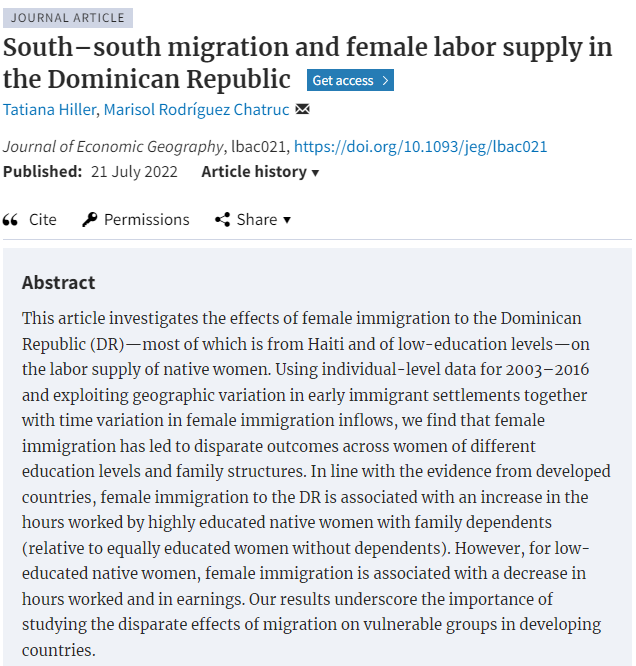 MarisolEcon's tweet photo. Happy to share that our paper with @HillerTatiana on the impacts of #migration🌎 on female labor supply👷‍♀️in the DR  was just published in the Journal of Economic Geography. Check it out!  👇

🔗https://t.co/6bcTX7KNa4 https://t.co/exJO646qfE