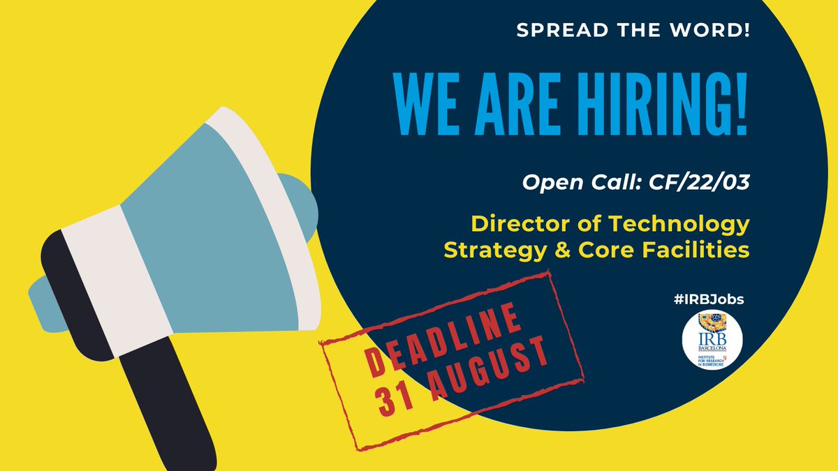 IRBBarcelona's tweet photo. 📢We are #hiring a Director of #Technology #Strategy &amp; Core Facilities to provide a strategy to guarantee access to state-of-the-art technology &amp; services to advance #IRBBarcelona research.

Apply now➡️https://t.co/x61QYFvsmG

#IRBJobs #Jobs

@SOMM_alliance @iCERCA @_BIST @PCB_UB https://t.co/R7tHm3qBfY