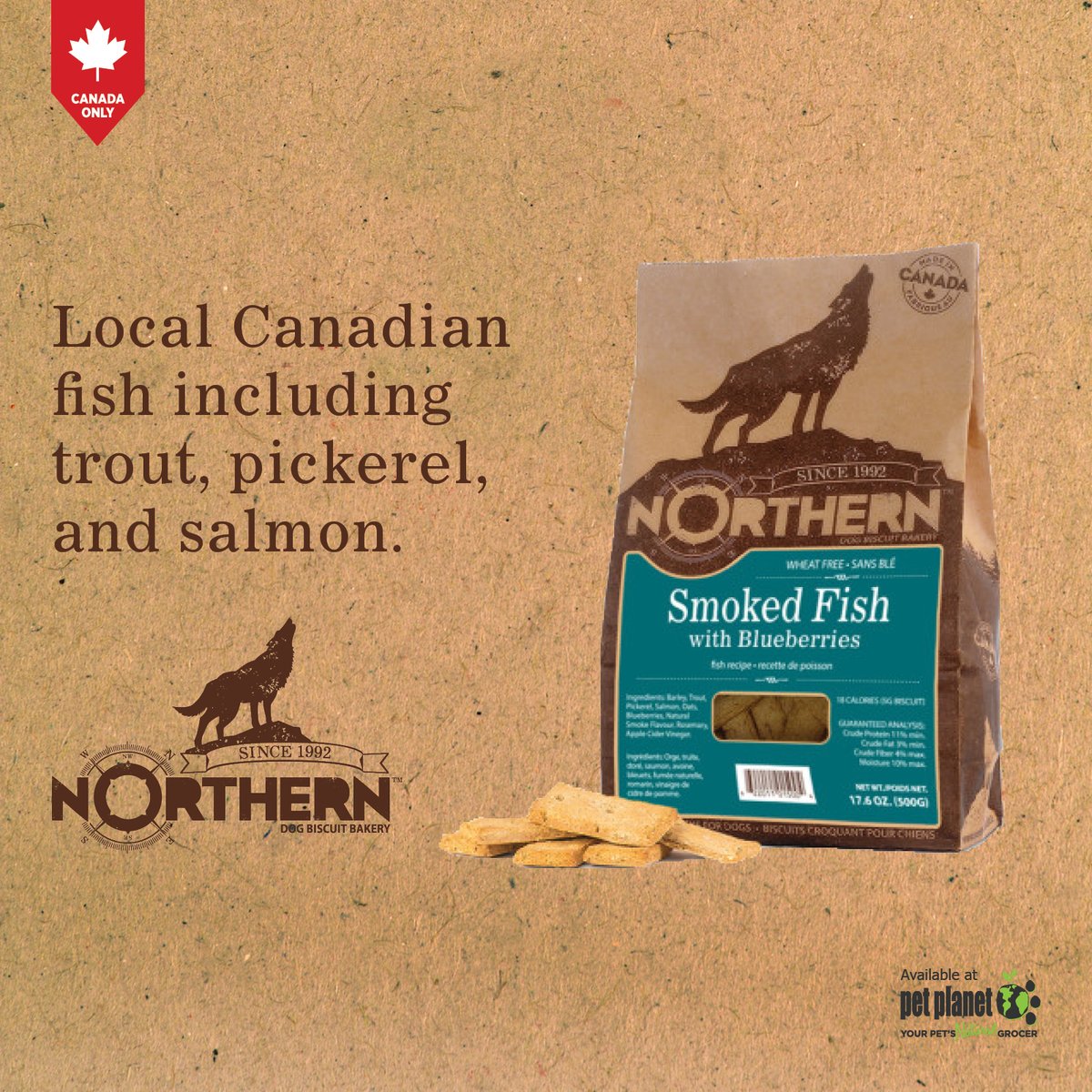 Omegas abound in this mouthwatering Northern Biscuit recipe of fresh, local Canadian fish including trout, pickerel, and salmon. Perfect to help support healthy skin and coat. Available at your local #Canadian Pet Planet.