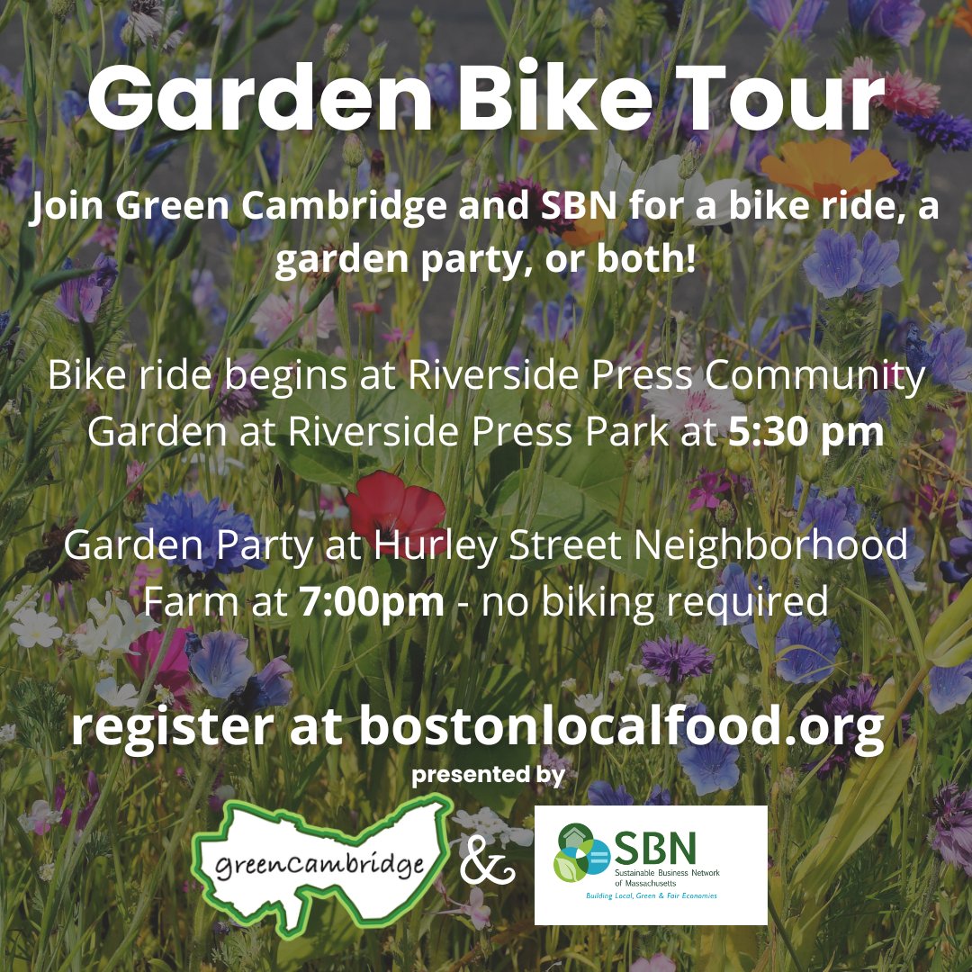 bostonlocalfood (@bostonlocalfood) on Twitter photo As part of our mission to support local food, the Sustainable Business Network of Massachusetts has partnered with fellow non-profit organization <a href="/GreenCambridge/">Green Cambridge</a> to host a FREE garden bike tour!
Get your ticket here: ow.ly/qmjN50K1tG1
#eatlocalmonth #localfood As part of our mission to support local food, the Sustainable Business Network of Massachusetts has partnered with fellow non-profit organization <a href="/GreenCambridge/">Green Cambridge</a> to host a FREE garden bike tour!
Get your ticket here: ow.ly/qmjN50K1tG1
#eatlocalmonth #localfood