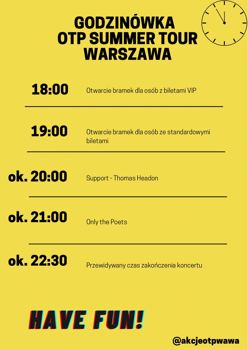 akcjeotpwawa's tweet photo. Przewidywana godzinówka na jutrzejszy koncert. Pamiętacie, że godziny są orientacyjne i mogą ulec zmianie 💛

Jeśli macie jeszcze pytania do jutrzejszego koncertu to śmiało piszcie w komentarzach💛

#OTPSummerTour #otpwarszawa #OTPwarsaw https://t.co/CdhUsiZJ0D