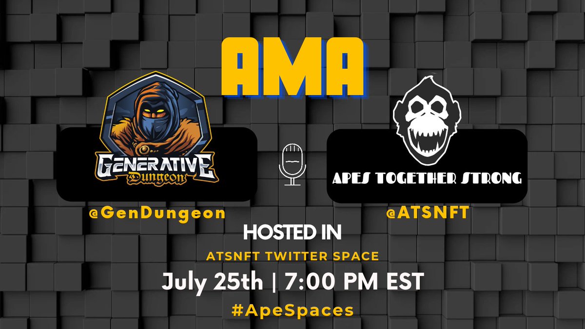 Want to win 0.2 ETH? 🎉

1. FOLLOW <a href="/ATSNFT/">Apes Together Strong NFT</a> &amp; <a href="/GenDungeon/">Generative Dungeon</a>
 
2. RETWEET + TAG 3

3. BE IN THE SPACES BELOW ⬇️

x.com/i/spaces/1YqGo…

#ApeSpaces #NFT #NFTGiveaway #ETHGiveaway