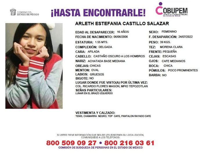Solicitamos de tu apoyo en la difusión del siguiente boletín para dar pronta localización a Arleth Estefanía Castillo Salazar, comunícate a los teléfonos de COBUPEM 800 216 0361, 800 509 0927. #TodosEnLaBúsqueda