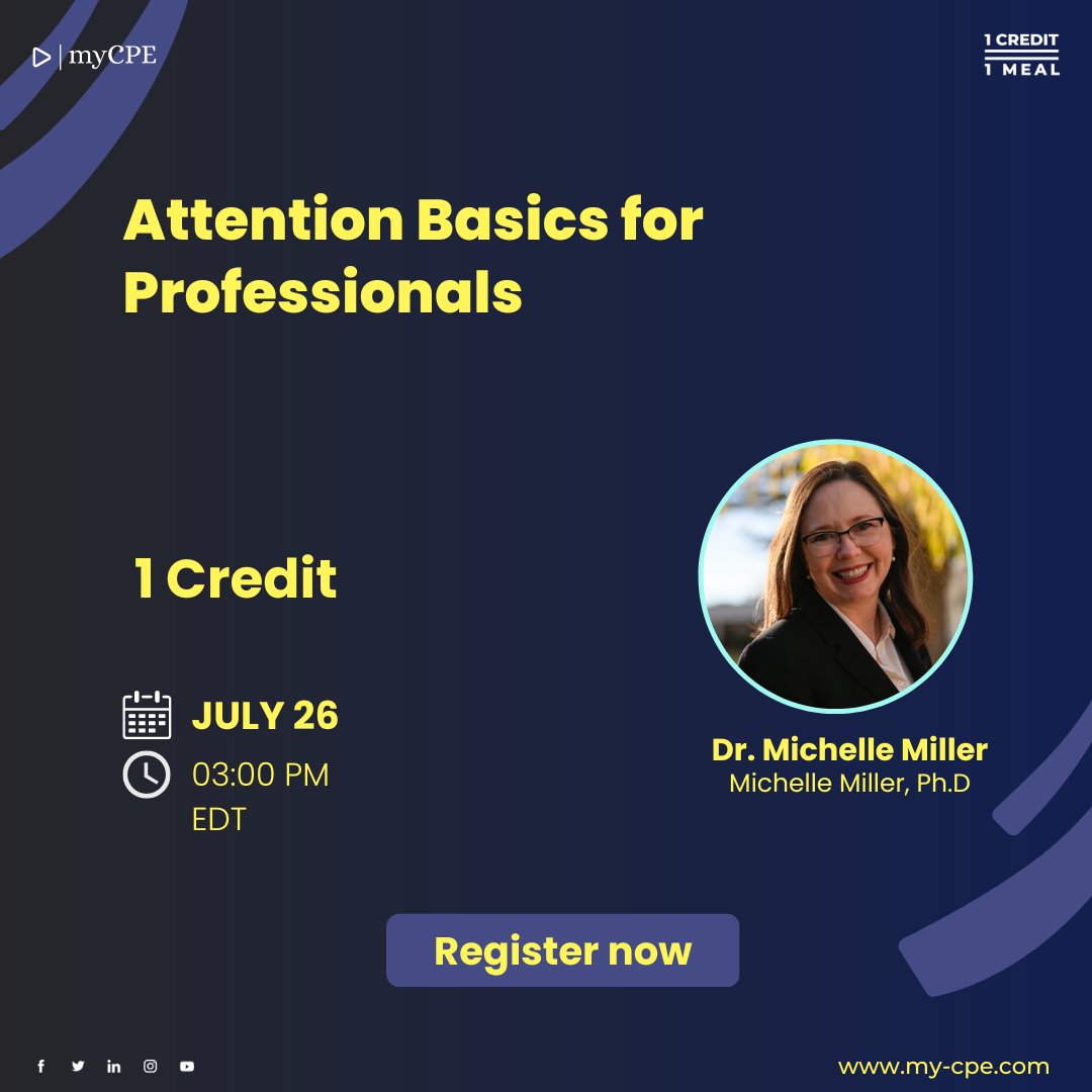 myCPE's tweet image. Join Dr. Michelle Miller for a webinar on Jul 26, on "Attention Basics for Professionals".

Don't wait, register now: bit.ly/3RYDC9t

#accounting #accountingupdate #accountingupdates #attention #basics #auditprocedures #auditors #certifiedpublicaccountants
