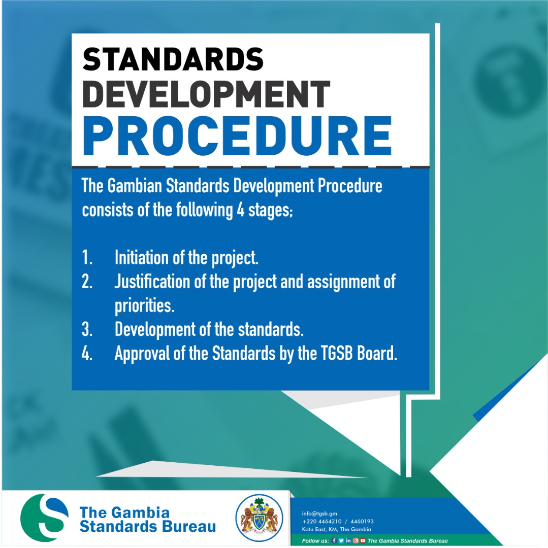 TGSB_Gambia's tweet photo. Here's 4 stages that help us develop a standard.
Read more about us at https://t.co/275c4RwNEA
#standards #InternationalStandards #Gambia #TGSB #TheGambia https://t.co/IyC2jR3wxV