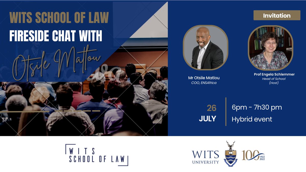 WitsCLM's tweet photo. ⚖️ HAPPENING TOMORROW!

Wits School of Law Fireside Chat with @ENSlaw COO, Mr Otsile Matlou

Date: Tuesday, 26 July 2022
Time: 18h00 SAST

Register here: https://t.co/Vmenso9wF3
#LawForGood #Wits100 #WitsLawSchool https://t.co/HFSPdFuhHM