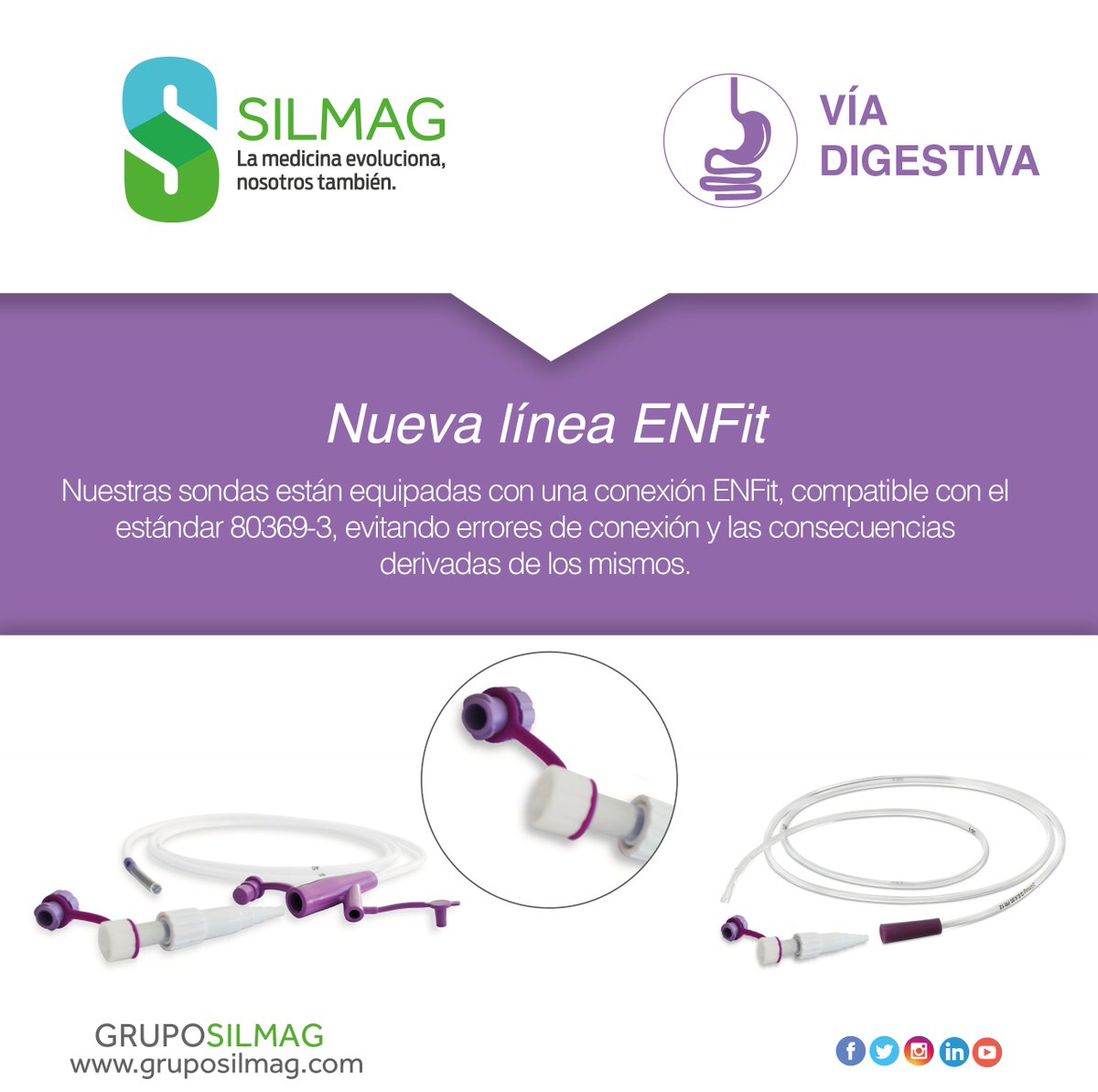 ✅ Conexión Enfit
➡️ Desde ahora nuestras sondas están equipadas con una conexión ENFit, compatible con el estándar 80369-3.
➡️ La ISO 80369-3 se establece para la administración de nutrición enteral de forma segura, evitando errores de conexión.
#Silmag #salud #conexionenfit