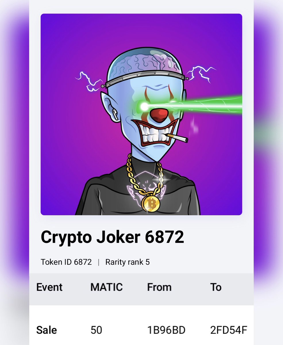 Crypto Joker rank 5 resold at 50 MATIC 🔥🔥🔥

Grab your jokers here 👇
<a href="/NFTKEY/">NFT Key</a>: nftkey.app/collections/cr…

<a href="/tofuNFT/">tofuNFT📛The largest multichain NFT marketplace</a>: tofunft.com/collection/cry…

Stake them here:
joyful-pie-b277bc.netlify.app

#NFTCommunity #Polygon #NFT #NFTsales #NFTProject #nftkey