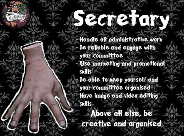 Great at organising? You could be the next great secretary of the Horror Society! 🎃
We are hosting our AGM in September and new members are welcome to stand for a role! 
Find out more ⤵️