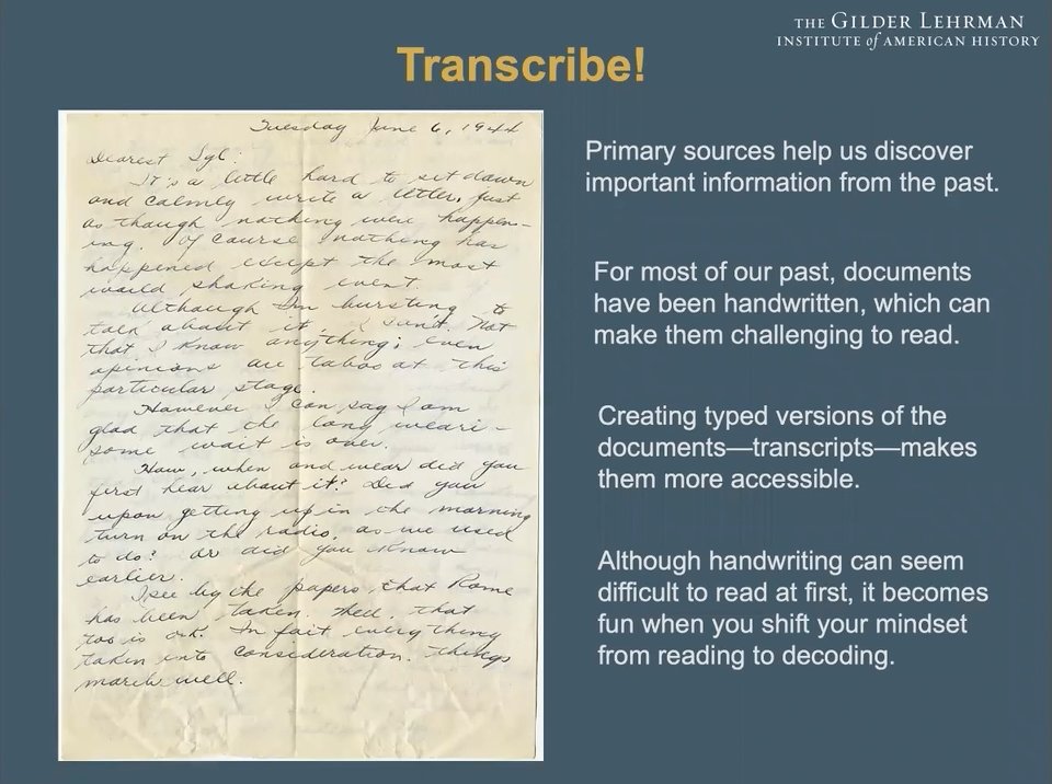 The Gilder Lehrman Collection seeks digital volunteers to participate in Transcribe! Help us transcribe primary sources in order to make them more accessible for students, teachers, and researchers. Students ages 13+ are encouraged to participate. 

➡️ ow.ly/xI8450K3vSQ