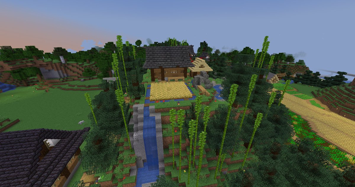 IDL_minecraft's tweet image. 『豊穣田舎地区』は、古来からの生活と農業方式を今に伝えるのどかな集落です。大久根土神が理想郷として創り上げたとされており、小麦の生産量という面で犬島の食料自給率に大きく貢献しています。
#Minecraft #マインクラフト #田舎