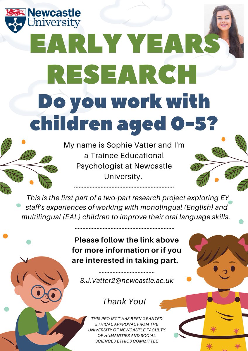 🗣️Call for participants! I’m looking for adults working with children aged 0-5 years who would be willing to complete my questionnaire. Please follow the link: forms.gle/N5cm8zTwgDJ6Zm…. RTs much appreciated! 📧Email: S.J.Vatter2@newcastle.ac.uk #twitterEPs #adayinthelifeofaTEP