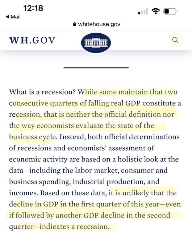 unusual_whales's tweet photo. The White House is arguing against the technical definition of a recession. https://t.co/5zFqavvEy1