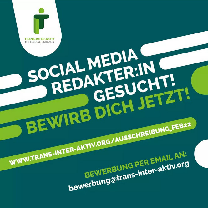 Wir suchen eine Person, die auf geringfügiger Basis die Social-Media-Kanäle für TIAM e. V. bespielt! Du hast Lust darauf, zu einer authentischen Darstellung von trans* und inter* Personen in der Öffentlichkeit beizutragen? Mehr Infos hier: trans-inter-aktiv.org/ausschreibung_…