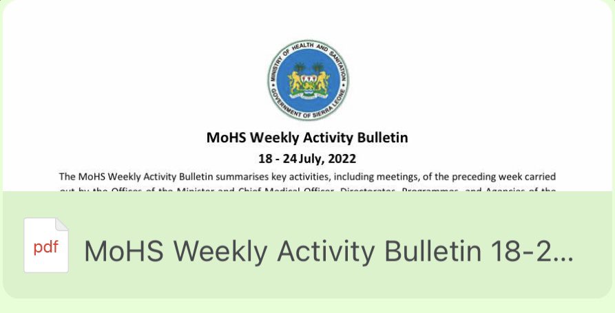 The MoHS Weekly Activity Bulletin summarises key activities, including meetings, of the preceding week carried out by the Offices of the Minister and Chief Medical Officer, Directorates, Programmes, and Agencies of the Ministry.
<a href="/DembyAustin/">Austin Demby</a> <a href="/ketchilola/">Dr Ketch</a> 

mohs.gov.sl/download/43/pu…