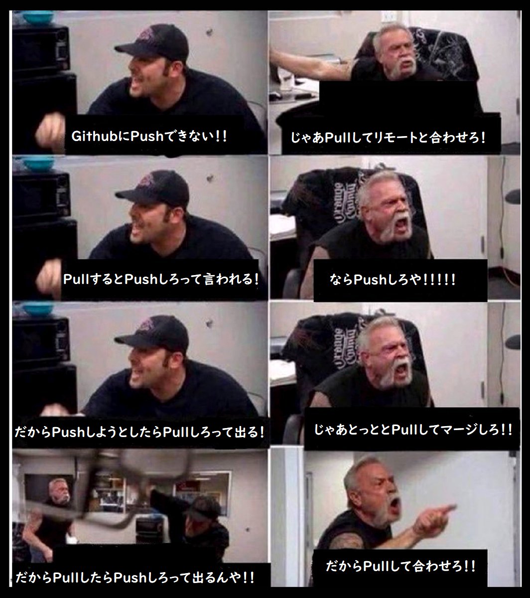 CSea2073's tweet image. こうなりました
Pushしようとすると「リモートの変更を統合することをお勧めします」って言われて
Pullしようとすると「mergeする前にcommitするかstashしてください」って言われるんや!!
誰か助けて!!!!!!!!!!!!!!!!!!!!!!!!

#github初心者 #github #下のコラ画像は自作なのでご自由にお使いください