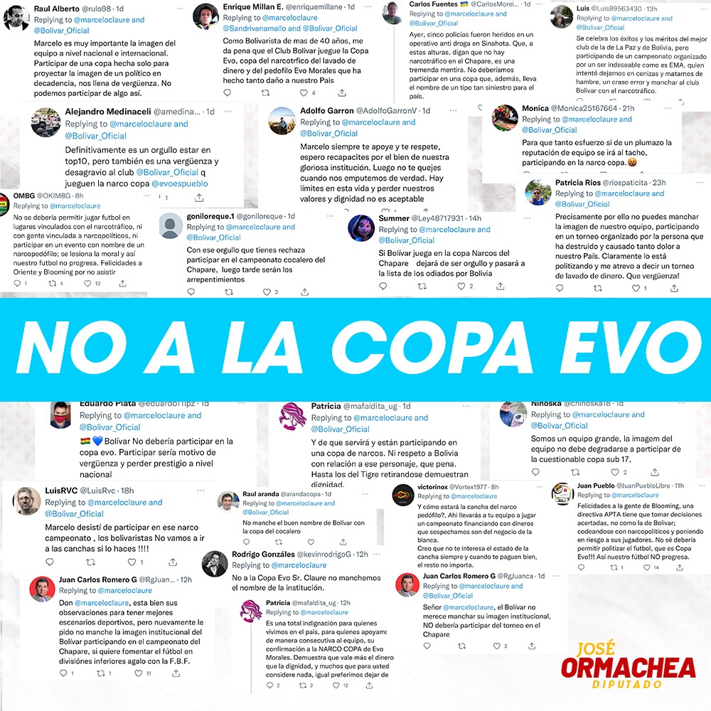 JoseMOrmachea's tweet photo. Señor @marceloclaure, escuche a la hinchada celeste, usted dice que @Bolivar_Oficial "no se mete en política" pero va a participar de un torneo que se llama Copa Evo??? ... sin comentarios.

#NoALaCopaEvo 🇧🇴 https://t.co/lGbJgTBegg