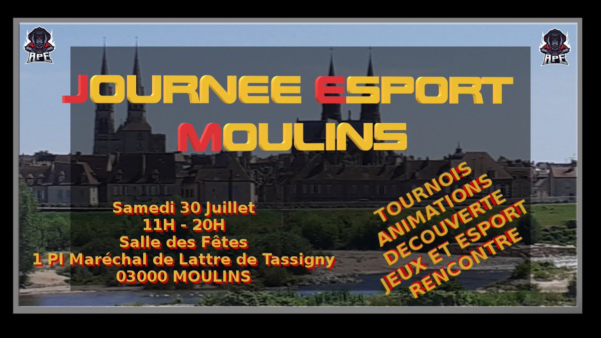 🔥RDV Samedi a MOULINS pour une journée #esport #jeuxvideo 

🎉Venez passer un moment convivial autour de stands ludiques

🎁100 € de bons d'achat GameCash a remporter 
 🎮Inscriptions 11H - 14 H

Une Association présente depuis des années en France sera a nos cotés 😱