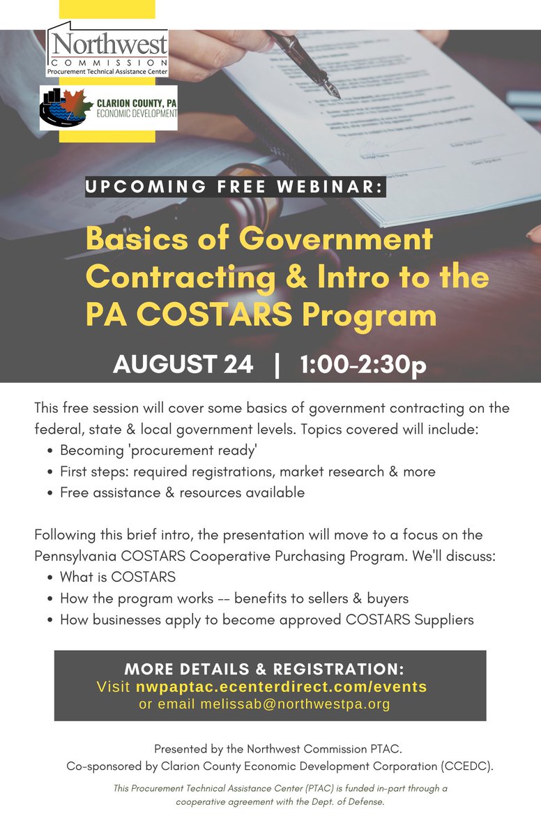 We've scheduled another FREE #GovContracting webinar for 8/24. We'll be discussing gov't contracting basics &amp; providing an intro to the PA COSTARS Program. TY to our co-sponsor for this event, <a href="/ClarionPaEDC/">Clarion County Economic Development Corporation</a>. Find more info &amp; our registration link at nwpaptac.ecenterdirect.com/events/4437.
