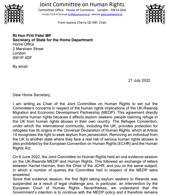 HumanRightsCtte's tweet photo. ✍️We’ve written to the Home Secretary @pritipatel with our concerns about the human rights implications of the UK-Rwanda Migration and Economic Development Partnership.

Read the full letter: https://t.co/InBR0gYXLa https://t.co/GV5Ym5fgxW