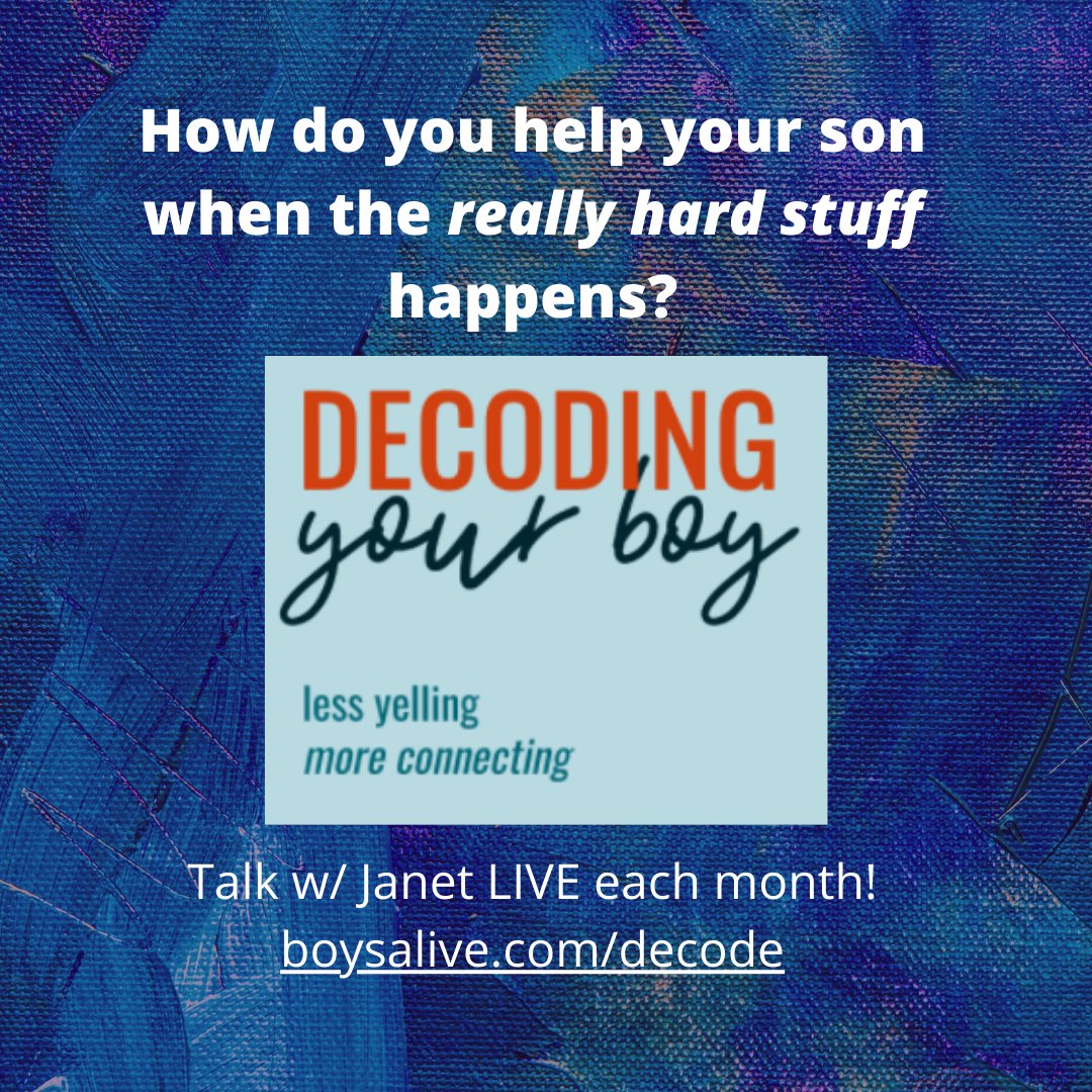 Hard stuff WILL happen - divorce, death, disappointments - how will you help your son navigate his feelings and thoughts?  

Decoding Your Boy  - a monthly member gathering - we talk LIVE twice each month on boy-friendly topics.  

Ask your most pressing BOY questions, get answer