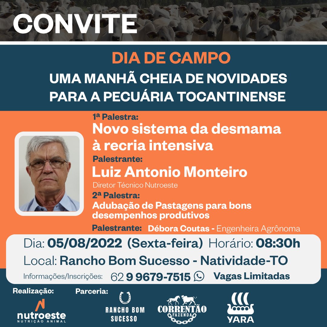 NUTROESTE's tweet photo. 🗣 No dia 05/08/2022 você vai participar de uma dia de campo que vai mudar o seu conceito sobre o desmame precoce e a recria intensiva  🐂🎯
.
Contamos com sua presença
.
#nutroeste #nutricaoanimal #pecuaria #pecuária #pecuariadecorte #pecuariatocantins #pecuariato https://t.co/RygQ3PjaI1