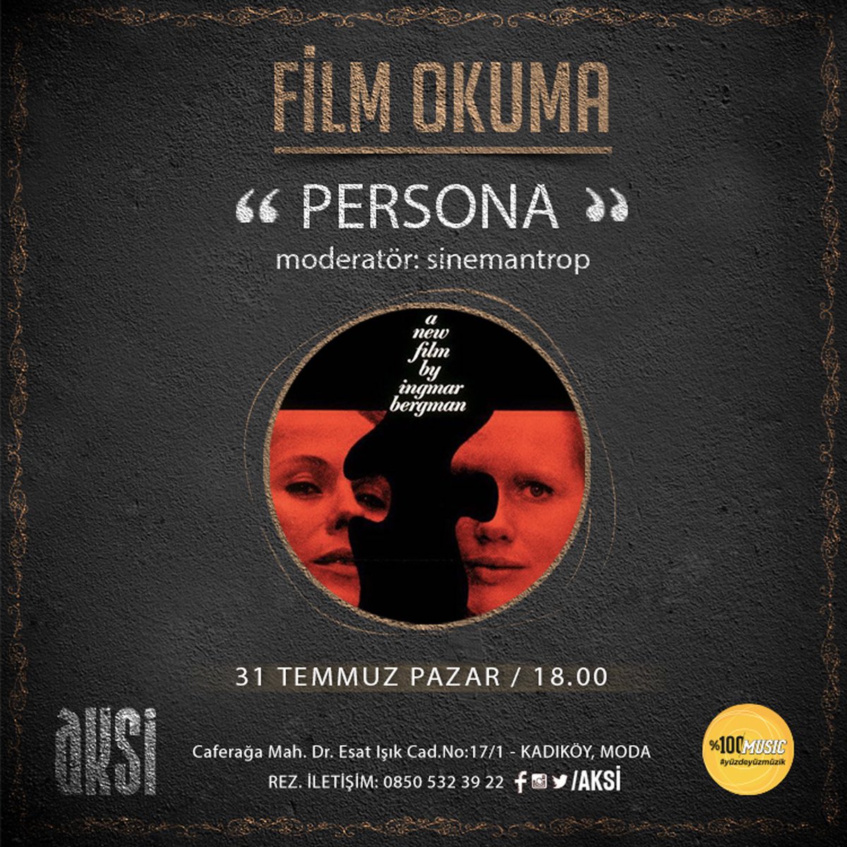 31 Temmuz Pazar akşamı Tolga Karabulut moderatörlüğünde Ingmar Bergman’ın yönetmenliğini yaptığı “Persona” filminin okumasını gerçekleştireceğiz. 📽🎞

Katılım için DM üzerinden veya instagram profilimizdeki rezervasyon numaramızdan bize ulaşabilirsiniz.
#ingmarbergman #PERSONA